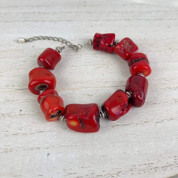 Vintage Y2K Chunky Natural Red Coral Bracelet Silver Tone Chain Pearl Adjustable - Picture 2 of 16